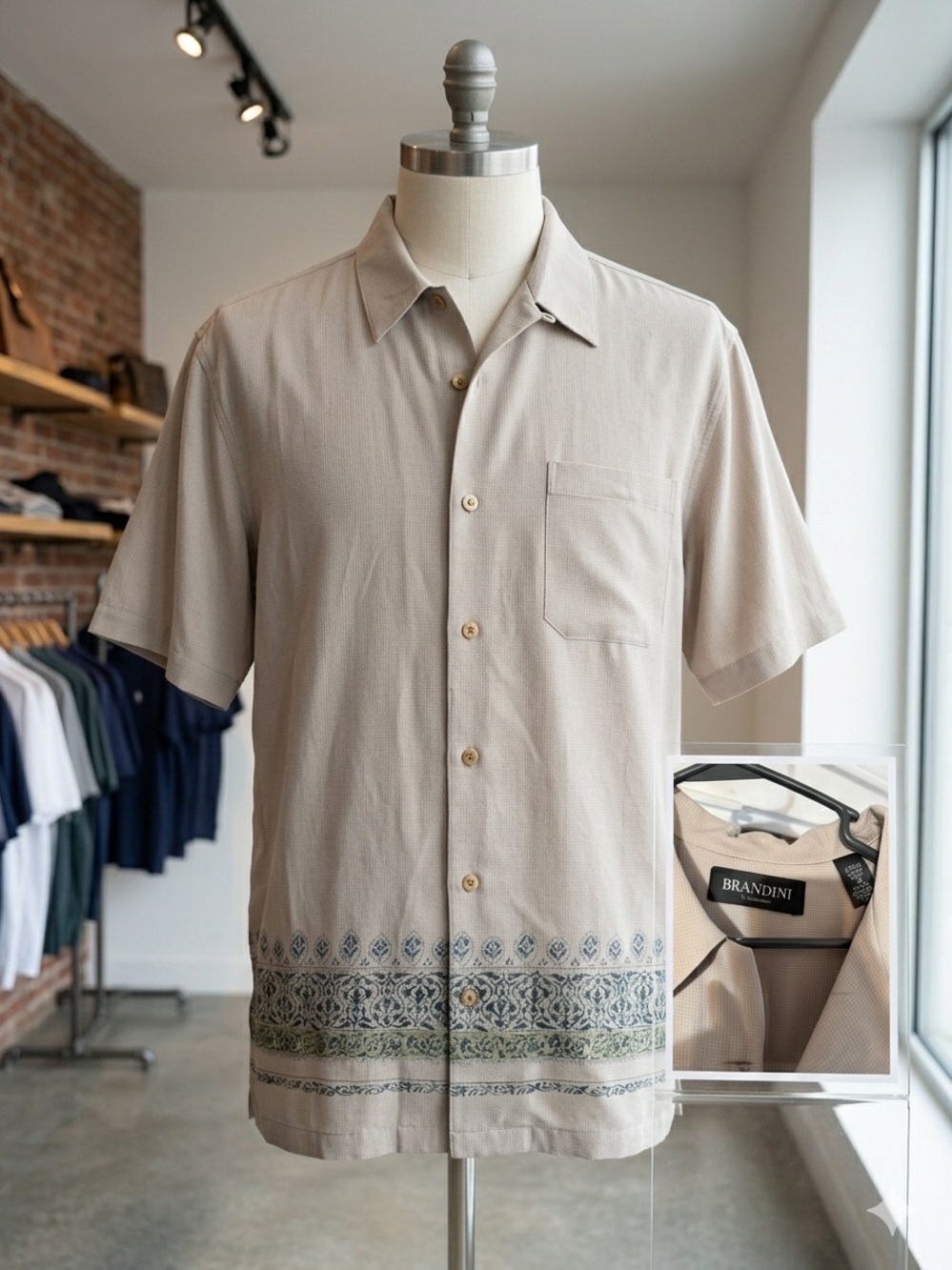 Brandini Men's Short-Sleeve Beige Camp Shirt with Border Print